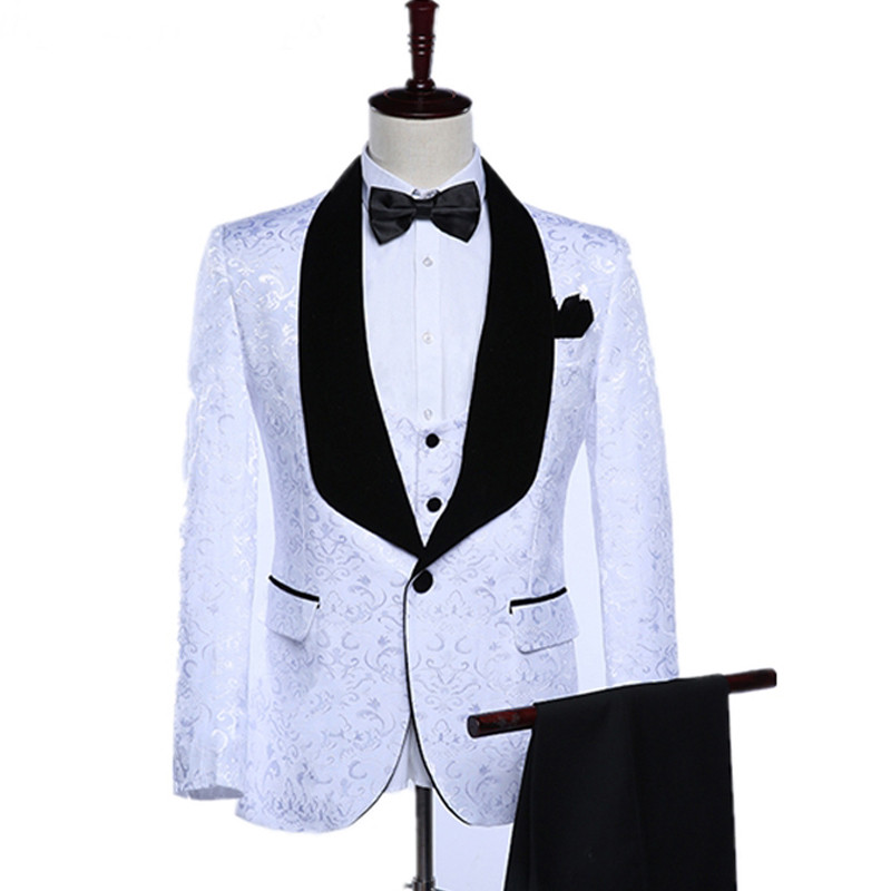 Costume pentru bărbați, slim, cu flori, smoking de nuntă din catifea neagră pentru bărbați, 3 piese, jachetă cu șal cu rever, cu vestă, pantaloni, moda masculină