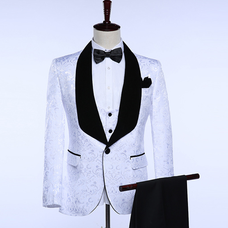 Costume pentru bărbați, slim, cu flori, smoking de nuntă din catifea neagră pentru bărbați, 3 piese, jachetă cu șal cu rever, cu vestă, pantaloni, moda masculină