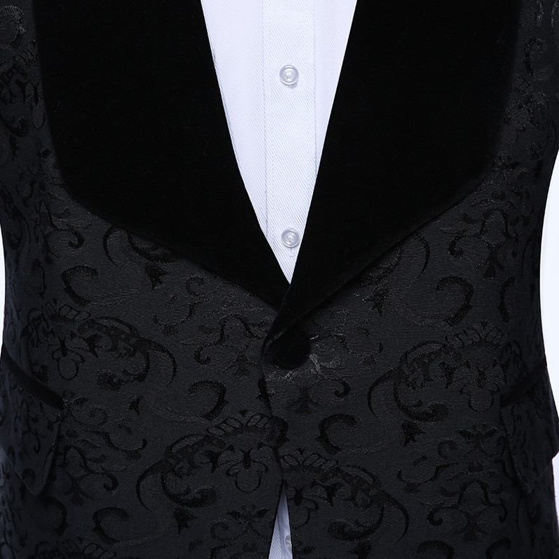 Costume pentru bărbați, slim, cu flori, smoking de nuntă din catifea neagră pentru bărbați, 3 piese, jachetă cu șal cu rever, cu vestă, pantaloni, moda masculină