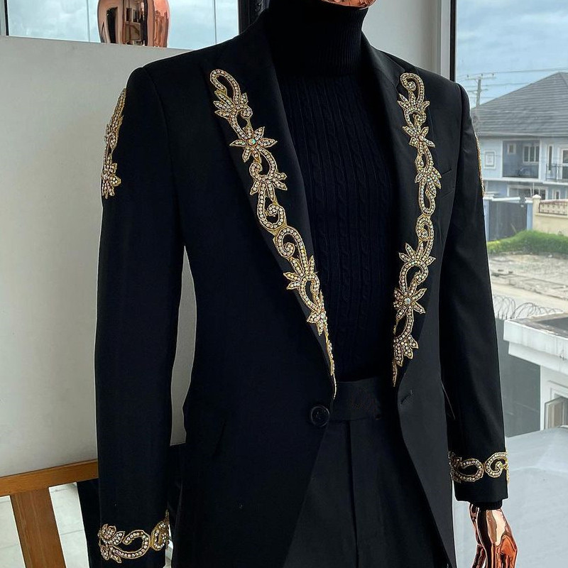 Costume italiene pentru bărbați cu rever brodat, slim fit, 2 piese, pantaloni, smoking de mire, nuntă formală, haine la modă masculină