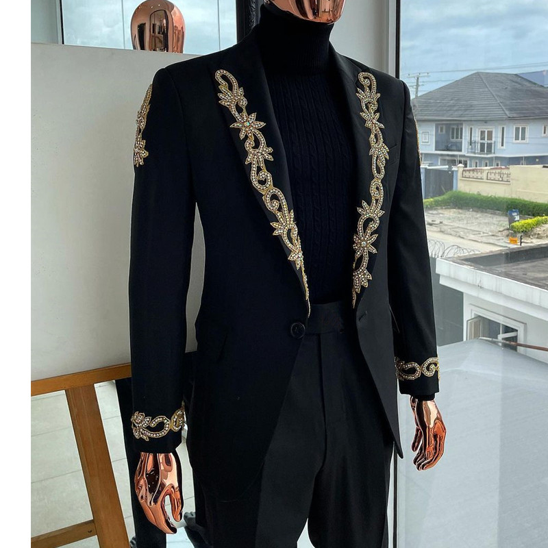 Costume italiene pentru bărbați cu rever brodat, slim fit, 2 piese, pantaloni, smoking de mire, nuntă formală, haine la modă masculină