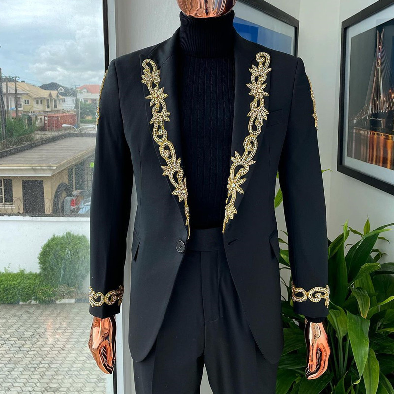 Costume italiene pentru bărbați cu rever brodat, slim fit, 2 piese, pantaloni, smoking de mire, nuntă formală, haine la modă masculină