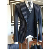 Costume pentru bărbați cu dungi de afaceri, 3 piese, smoking de nuntă, smoking de mire, slim fit, pentru bal de absolvire, cu rever, jachetă, vestă neagră, pantalon