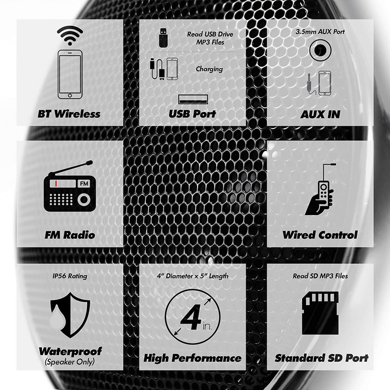 Sistem de difuzoare Aileap 1000W audio pentru motociclete cu 4 canale, suport Bluetooth, AUX, radio FM, card SD, stick USB (crom)