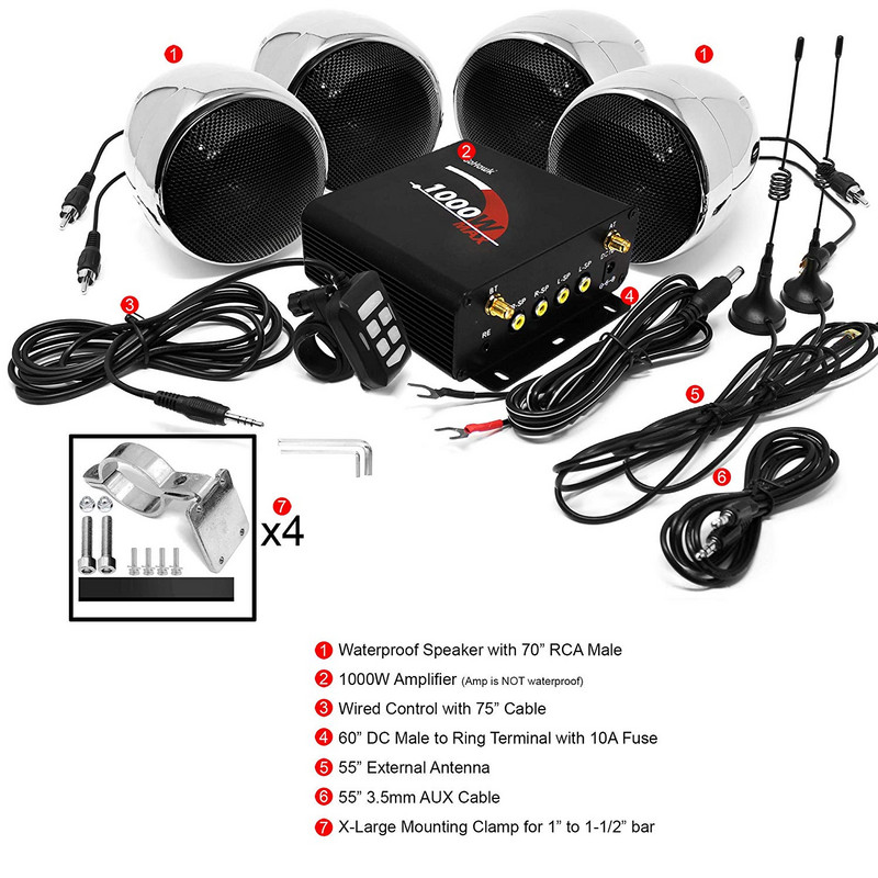 Sistem de difuzoare Aileap 1000W audio pentru motociclete cu 4 canale, suport Bluetooth, AUX, radio FM, card SD, stick USB (crom)