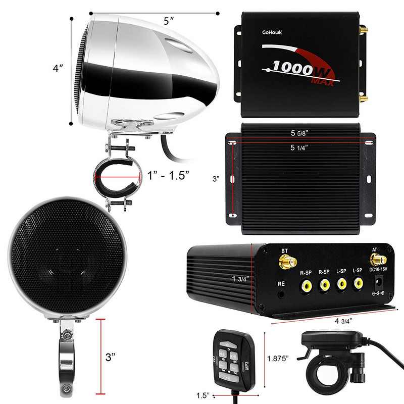 Sistem de difuzoare Aileap 1000W audio pentru motociclete cu 4 canale, suport Bluetooth, AUX, radio FM, card SD, stick USB (crom)