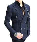 Costume cu dungi duble pentru bărbați Business Bluemarin Slim Fit Mire Tuxedo 2 piese Blazer formal pentru nuntă (sacou+pantaloni)