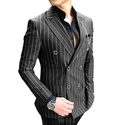 Costume cu dungi duble pentru bărbați Business Bluemarin Slim Fit Mire Tuxedo 2 piese Blazer formal pentru nuntă (sacou+pantaloni)