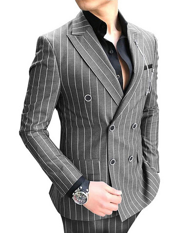 Costume cu dungi duble pentru bărbați Business Bluemarin Slim Fit Mire Tuxedo 2 piese Blazer formal pentru nuntă (sacou+pantaloni)