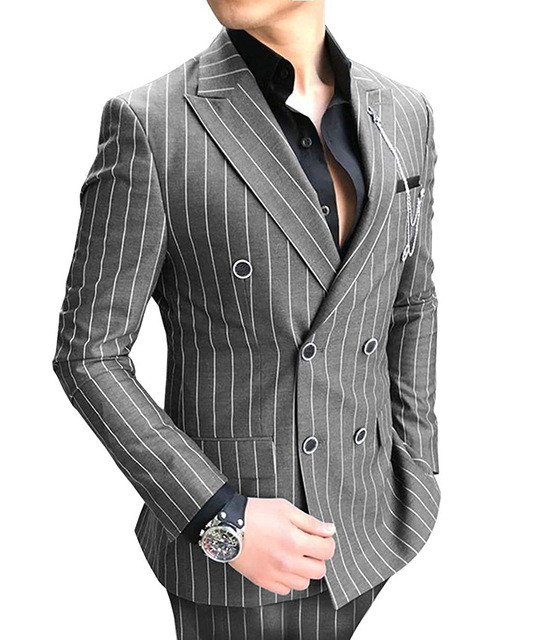 Costume cu dungi duble pentru bărbați Business Bluemarin Slim Fit Mire Tuxedo 2 piese Blazer formal pentru nuntă (sacou+pantaloni)