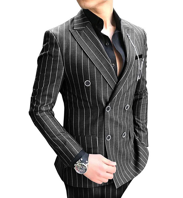 Costume cu dungi duble pentru bărbați Business Bluemarin Slim Fit Mire Tuxedo 2 piese Blazer formal pentru nuntă (sacou+pantaloni)