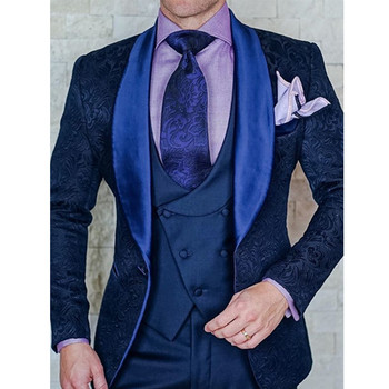 Slim Fit Wedding Grooms Tuxedo 3 части Floral Pattern Мъжки костюми с панталони Мъжко модно яке Жилетка Мъжки костюм 2021