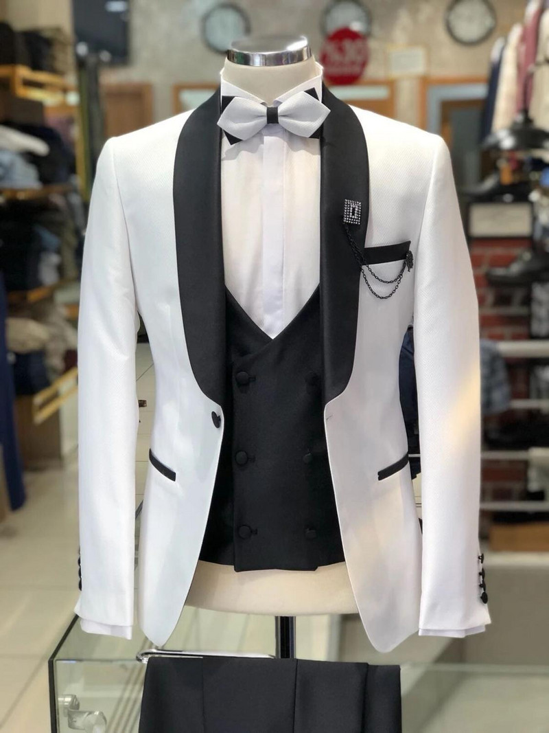 Smoking de mire formale pentru nuntă Costume slim pentru bărbați, cu șal negru, rever, Cina de absolvire, Blazer pentru cel mai bun bărbat 3 buc (jachetă + pantaloni + vestă)