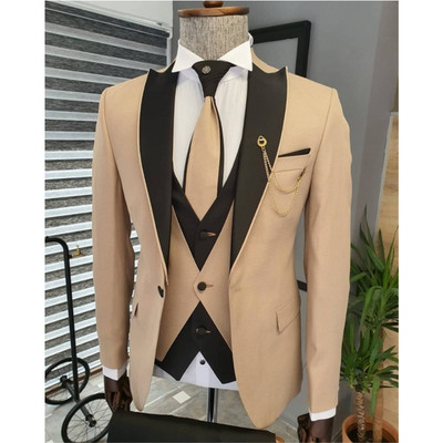 Costume formale pentru bărbați de afaceri, slim fit, cu rever negru, smoking de nuntă, personalizat, pentru bărbați (jachetă + vestă + pantaloni)