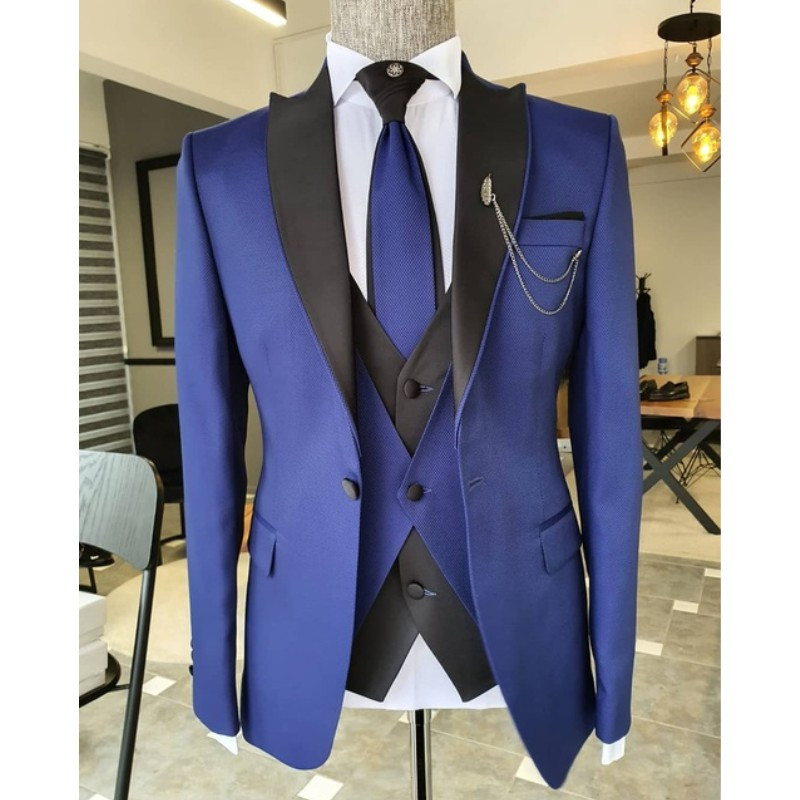 Costume formale pentru bărbați de afaceri, slim fit, cu rever negru, smoking de nuntă, personalizat, pentru bărbați (jachetă + vestă + pantaloni)