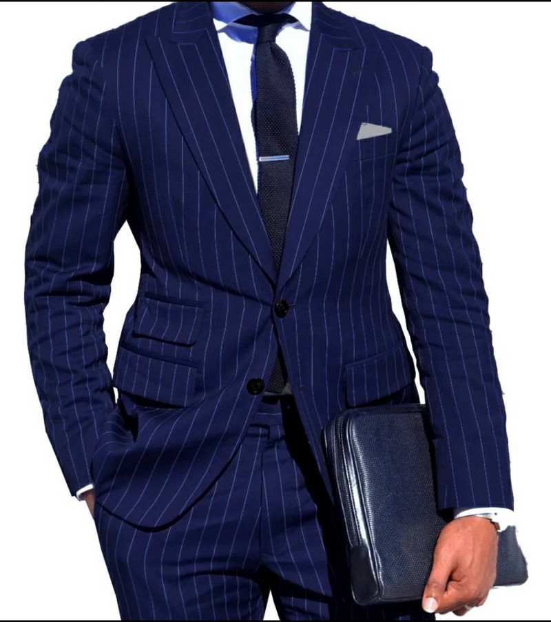 Costume pentru bărbați cu dungi albastre închise pentru afaceri, nuntă formală, smoking de mire, blazer pentru bărbați, cu un singur piept, cu rever lat, slim fit 2023