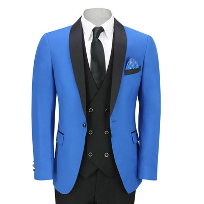 Tuxedo de mire albastru regal pentru nuntă costume slim pentru bărbați, blazer de bal, 3 piese, șal, rever, jachetă, pantaloni, vestă
