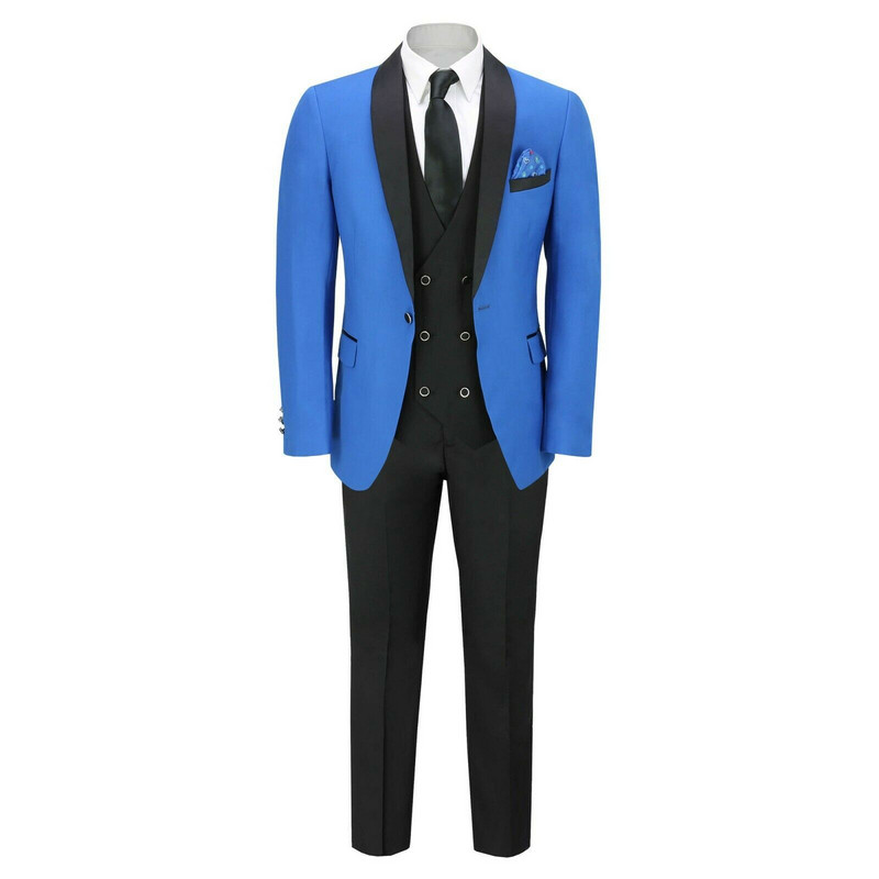 Tuxedo de mire albastru regal pentru nuntă costume slim pentru bărbați, blazer de bal, 3 piese, șal, rever, jachetă, pantaloni, vestă