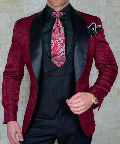 Tuxedo de nuntă jacquard floral roz pentru mire șal rever 3 piese costume pentru bărbați slim fit blazer de modă masculină vestă cu pantaloni