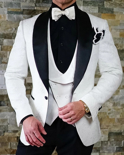 Tuxedo de nuntă jacquard floral roz pentru mire șal rever 3 piese costume pentru bărbați slim fit blazer de modă masculină vestă cu pantaloni