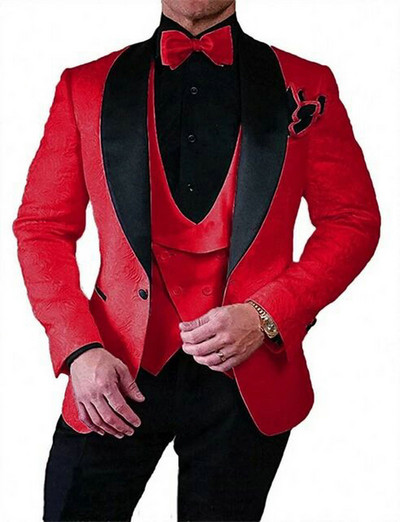 Tuxedo de nuntă jacquard floral roz pentru mire șal rever 3 piese costume pentru bărbați slim fit blazer de modă masculină vestă cu pantaloni
