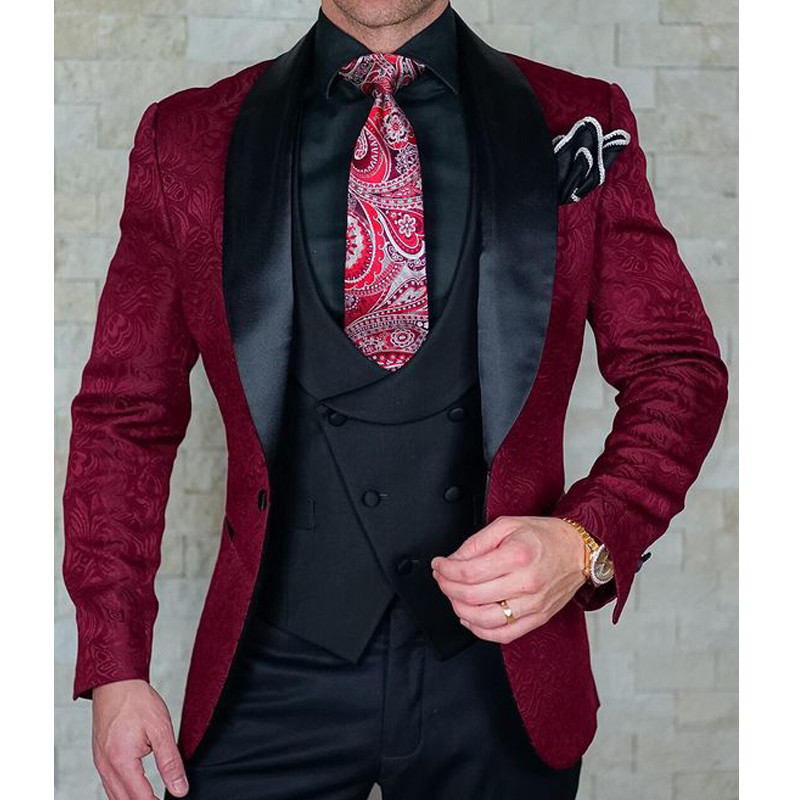 Tuxedo de nuntă jacquard floral roz pentru mire șal rever 3 piese costume pentru bărbați slim fit blazer de modă masculină vestă cu pantaloni
