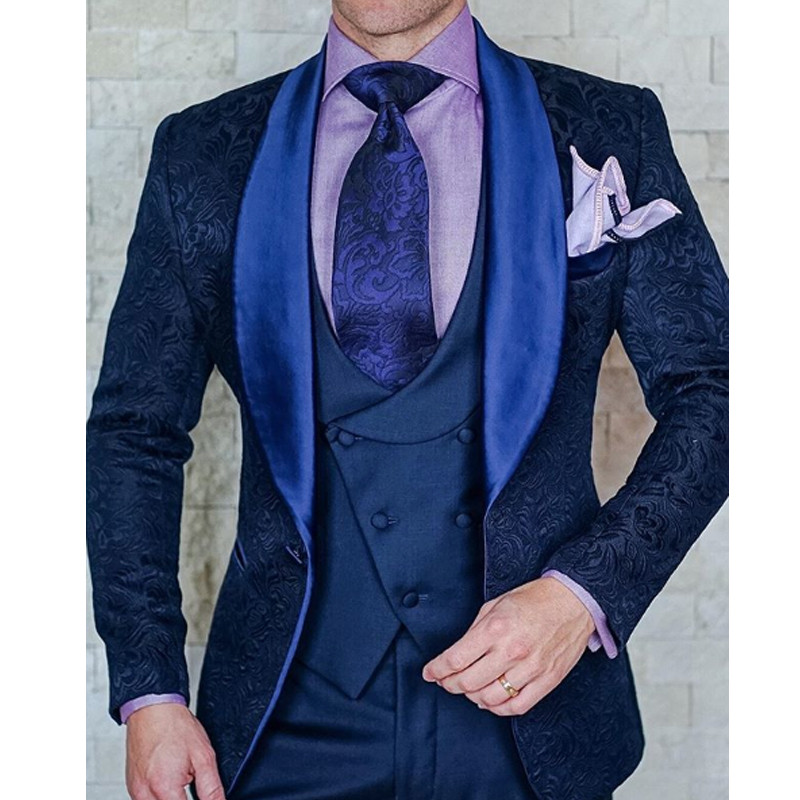 Tuxedo de nuntă jacquard floral roz pentru mire șal rever 3 piese costume pentru bărbați slim fit blazer de modă masculină vestă cu pantaloni