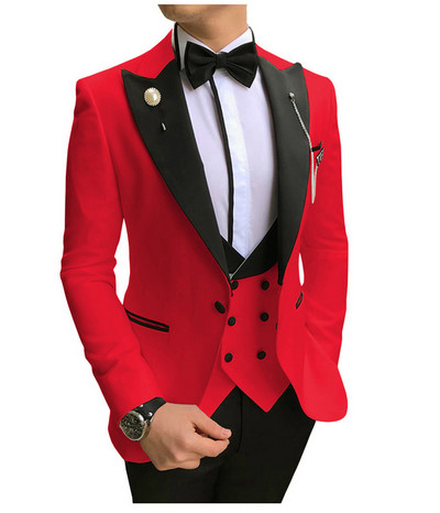Costume formale pentru bărbați, slim, cu rever negru, 3 piese, smoking de mire, pentru afaceri, blazer (jachetă+pantaloni+vestă)