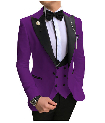 Costume formale pentru bărbați, slim, cu rever negru, 3 piese, smoking de mire, pentru afaceri, blazer (jachetă+pantaloni+vestă)