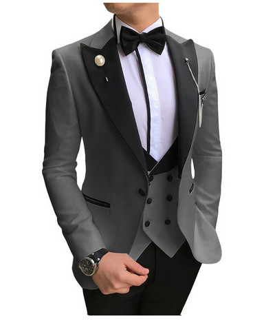Costume formale pentru bărbați, slim, cu rever negru, 3 piese, smoking de mire, pentru afaceri, blazer (jachetă+pantaloni+vestă)