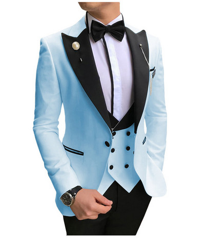 Costume formale pentru bărbați, slim, cu rever negru, 3 piese, smoking de mire, pentru afaceri, blazer (jachetă+pantaloni+vestă)
