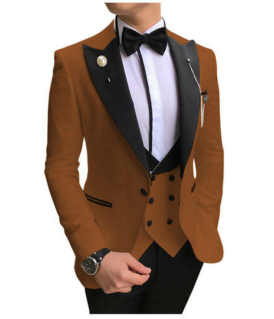 Costume formale pentru bărbați, slim, cu rever negru, 3 piese, smoking de mire, pentru afaceri, blazer (jachetă+pantaloni+vestă)