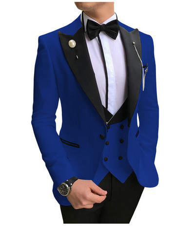 Costume formale pentru bărbați, slim, cu rever negru, 3 piese, smoking de mire, pentru afaceri, blazer (jachetă+pantaloni+vestă)