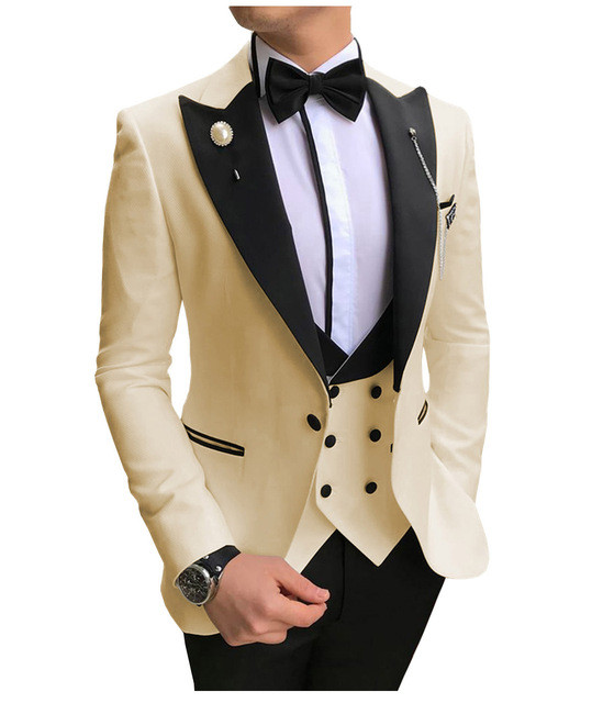 Costume formale pentru bărbați, slim, cu rever negru, 3 piese, smoking de mire, pentru afaceri, blazer (jachetă+pantaloni+vestă)