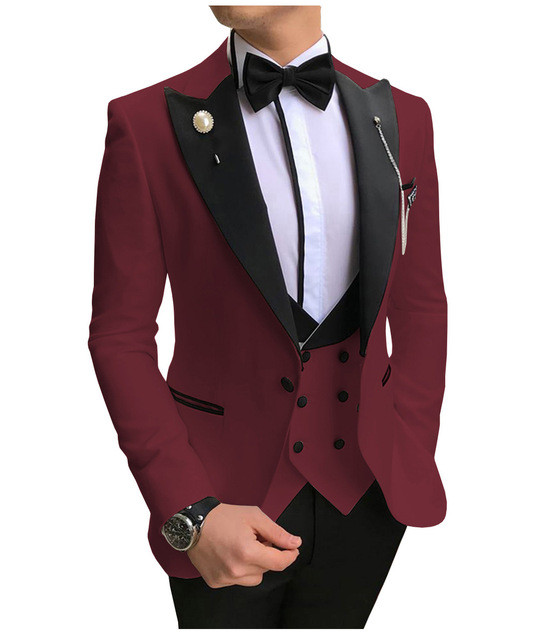 Costume formale pentru bărbați, slim, cu rever negru, 3 piese, smoking de mire, pentru afaceri, blazer (jachetă+pantaloni+vestă)
