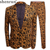 Shenrun Moda bărbați costume slim fit portocaliu negru imprimeu floral nunta costum bărbați jachetă costum de scenă cântăreață sacou casual
