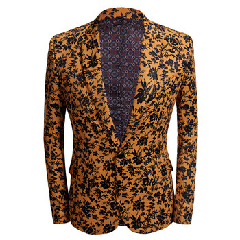 Shenrun Fashion Men Slim Fit Suits Orange Black Floral Print Сватбен мъжки костюм Сако Сценичен костюм Певица Ежедневен блейзър