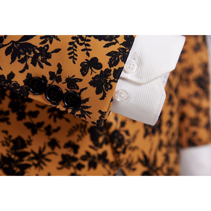 Shenrun Moda bărbați costume slim fit portocaliu negru imprimeu floral nunta costum bărbați jachetă costum de scenă cântăreață sacou casual