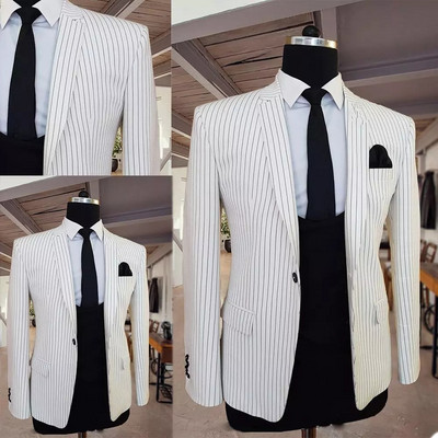 Tuxedo de mire cu dungi albe pentru nuntă Costume formale pentru bărbați Blazer pentru petrecere de bal 3 buc. Jachetă de costum cu pantaloni negri.