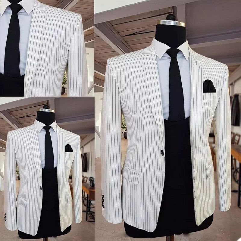 Tuxedo de mire cu dungi albe pentru nuntă Costume formale pentru bărbați Blazer pentru petrecere de bal 3 buc. Jachetă de costum cu pantaloni negri.