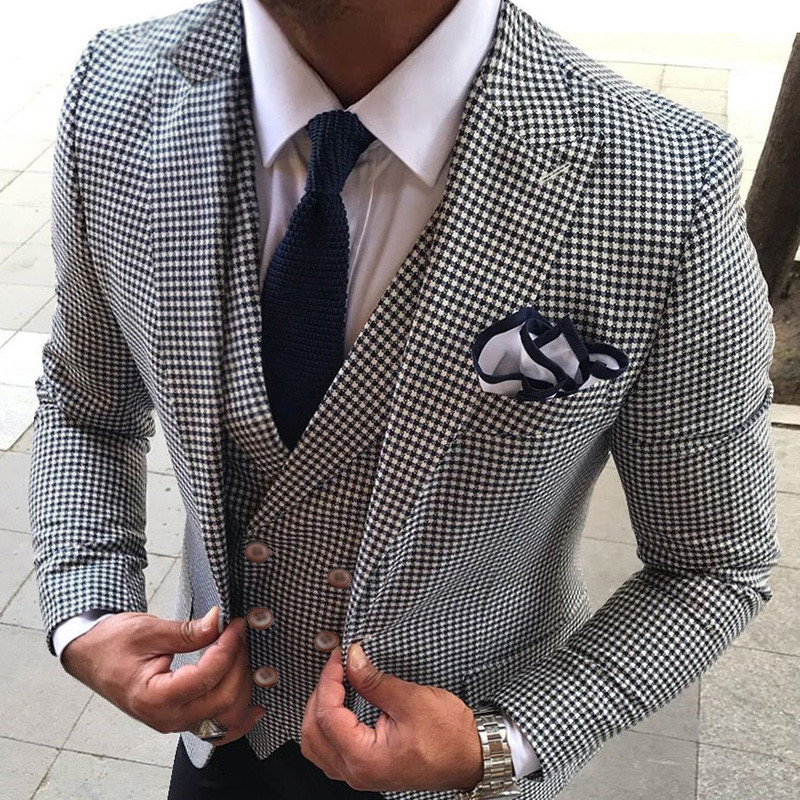 3 piese Check Slim Fit Costume pentru bărbați pentru nuntă Balul de absolvire cu rever cu vârf în carouri Mire Tuxedo Set bărbat jachetă vestă cu pantaloni negri