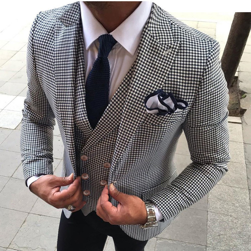 3 piese Check Slim Fit Costume pentru bărbați pentru nuntă Balul de absolvire cu rever cu vârf în carouri Mire Tuxedo Set bărbat jachetă vestă cu pantaloni negri