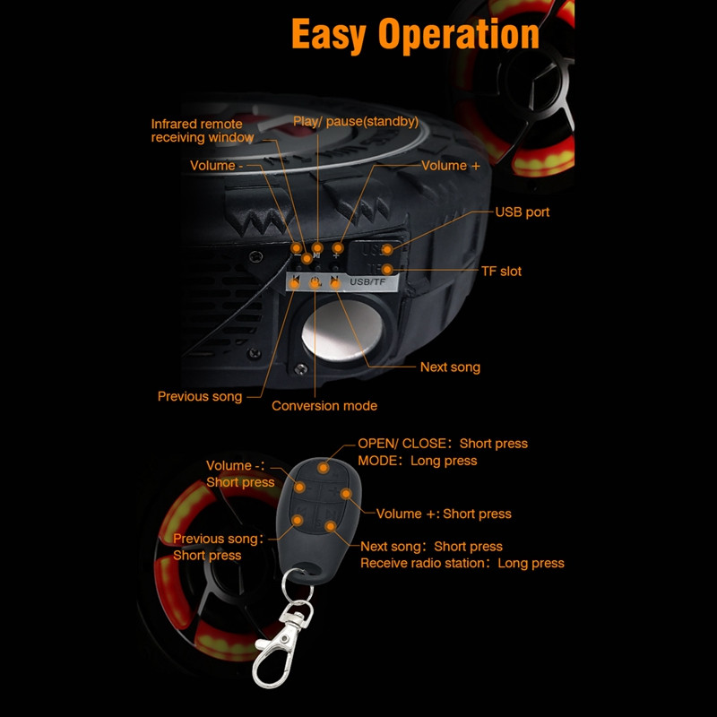 Motocicletă Subwoofer Auto Audio 12V Vehicul electric Difuzor fără fir Bluetooth Impermeabil