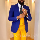 Costume pentru bărbați albastru regal și galben, slim fit pentru nuntă, smoking de mire personalizat, 3 piese, costum masculin, jachetă, vestă, cu pantaloni, 2022