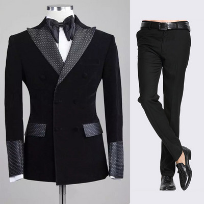 Costume pentru bărbați din catifea neagră, cu buline, smoking de mire, pentru petrecerea de nuntă, slim fit, 2 piese, blazer cu revere (jachetă+pantaloni) Moda masculină