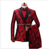 Costum Homme Roșu Imprimat Costume la două piept pentru bărbați Terno Masculino smoking pentru bărbați Costume de petrecere de bal Costum de nuntă floral