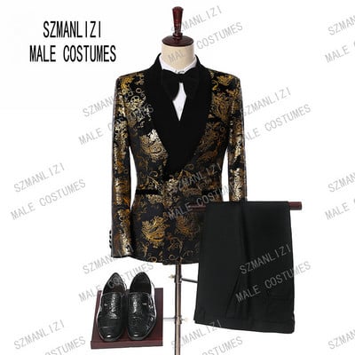 Costum Homme Roșu Imprimat Costume la două piept pentru bărbați Terno Masculino smoking pentru bărbați Costume de petrecere de bal Costum de nuntă floral