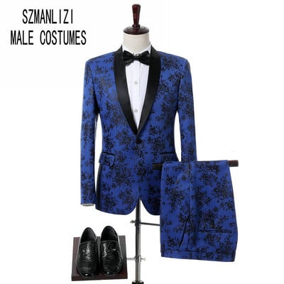 Costum Homme Roșu Imprimat Costume la două piept pentru bărbați Terno Masculino smoking pentru bărbați Costume de petrecere de bal Costum de nuntă floral