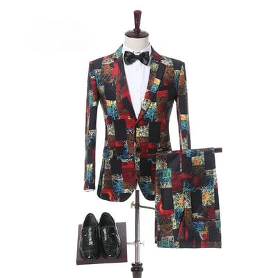 Costum Homme Roșu Imprimat Costume la două piept pentru bărbați Terno Masculino smoking pentru bărbați Costume de petrecere de bal Costum de nuntă floral
