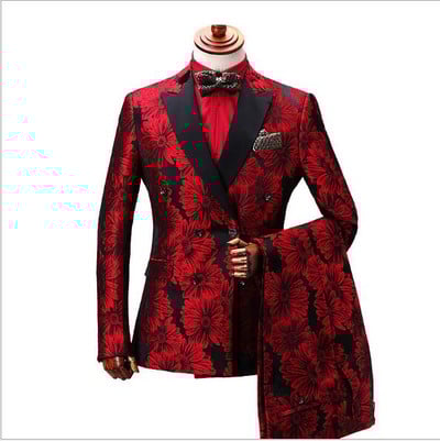 Costum Homme Roșu Imprimat Costume la două piept pentru bărbați Terno Masculino smoking pentru bărbați Costume de petrecere de bal Costum de nuntă floral